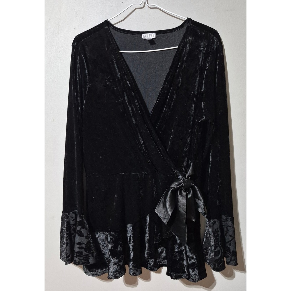 Splendid Black Crushed Velvet Wrap Top Floral Burnout Bell Sleeve Peplum Blouse - Picture 2 of 5